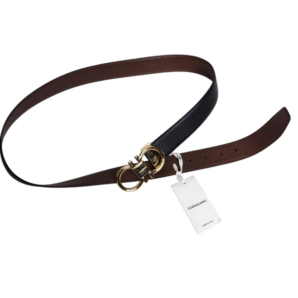 Ferragamo Double Gancini Reversible Leather Black Brown Belt w/ Gold Buckle NEW - Picture 8 of 11